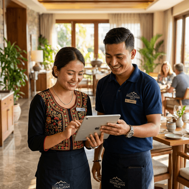 Nepali waitstaff in a luxury villa using myRestro Manager